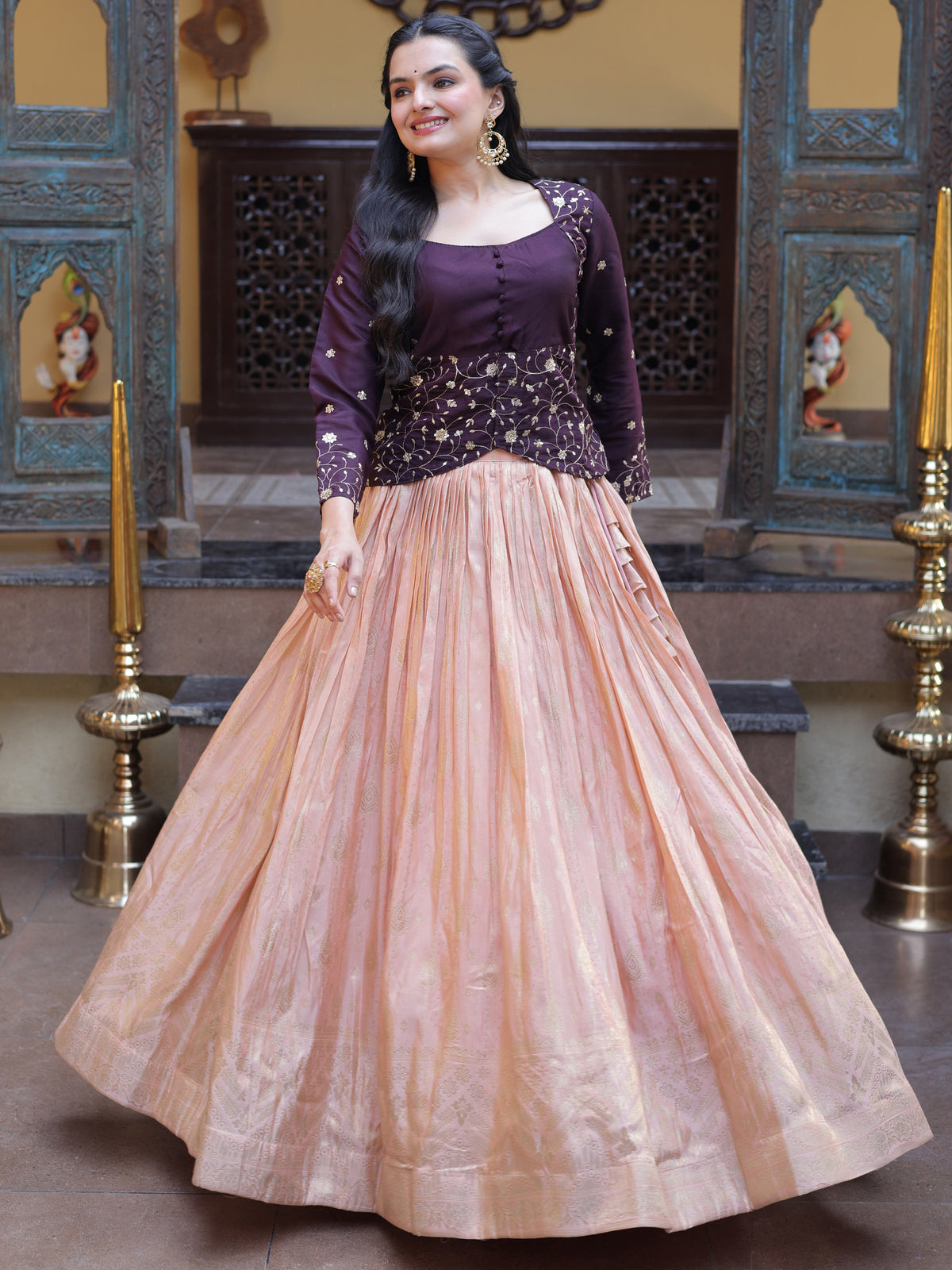Alluring Cream Zari Weaving Jacquard Wedding Wear Lehenga Choli