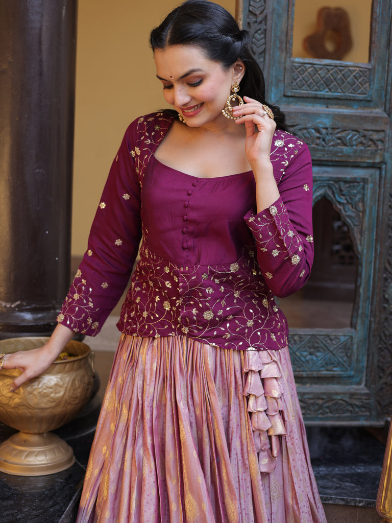 Fantastic Magenta Embroidered Jacquard Festive Wear Lehenga Choli