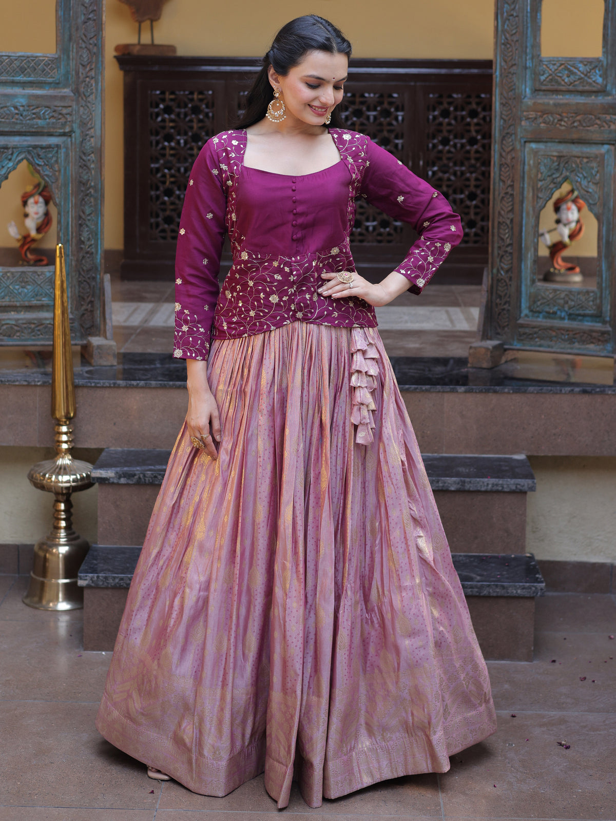 Fantastic Magenta Embroidered Jacquard Festive Wear Lehenga Choli