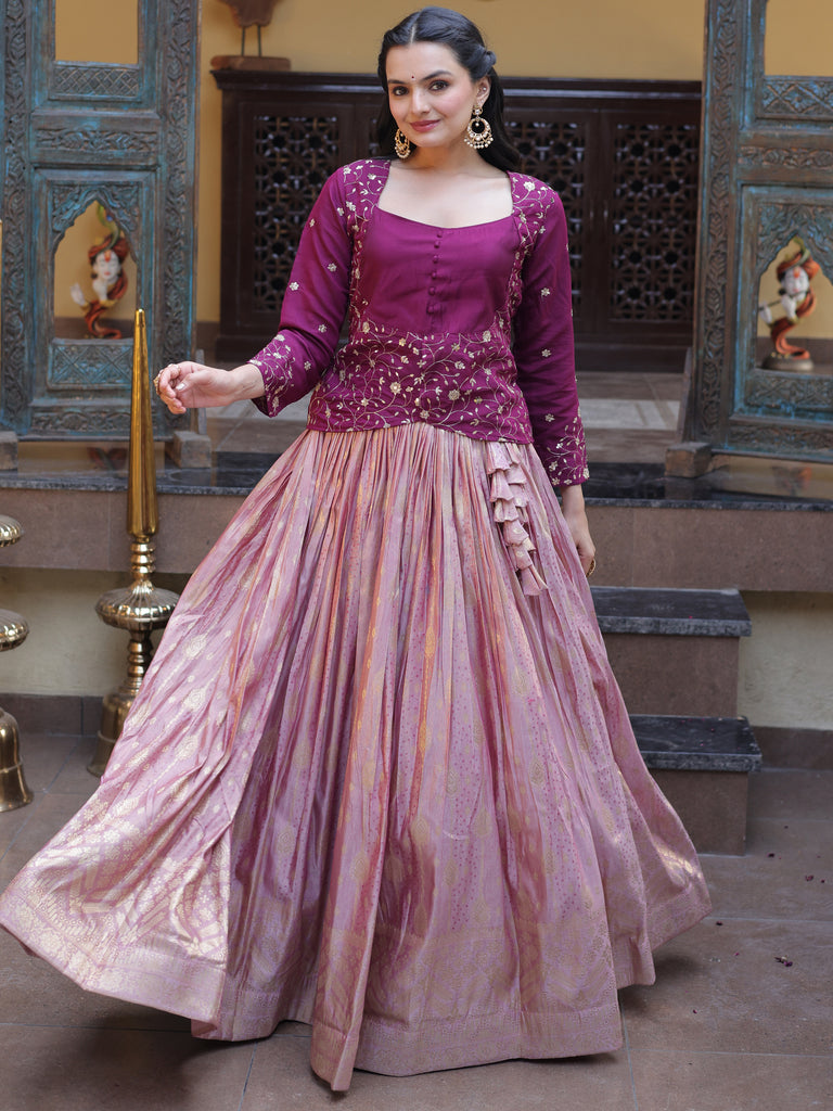 Fantastic Magenta Embroidered Jacquard Festive Wear Lehenga Choli