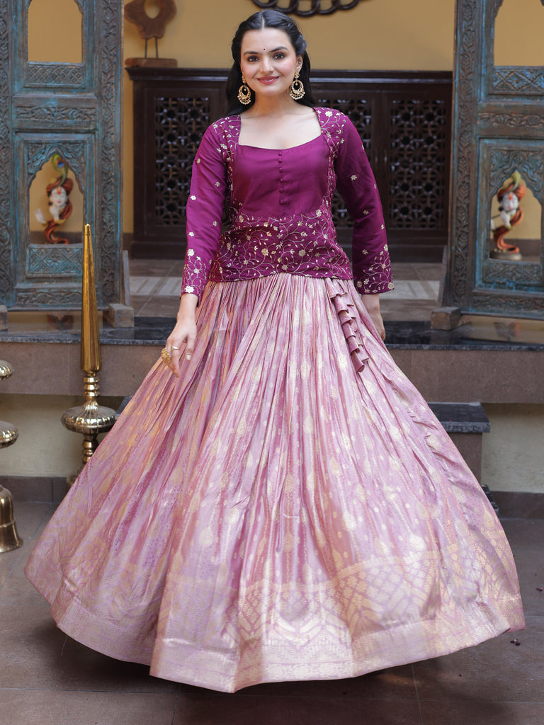 Fantastic Magenta Embroidered Jacquard Festive Wear Lehenga Choli