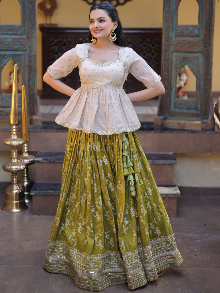 Superb Olive Green Embroidered Silk Mehendi Wear Lehenga With Peplum Top