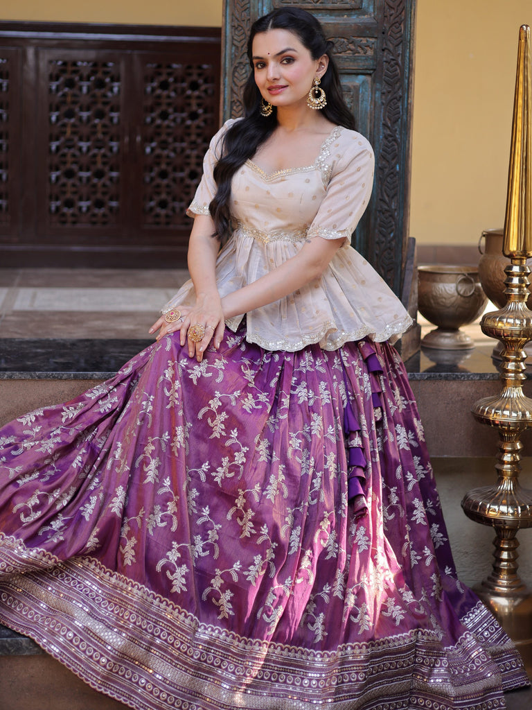 Majestic Purple Sequins Silk Marriage Wear Lehenga With Peplum Top
