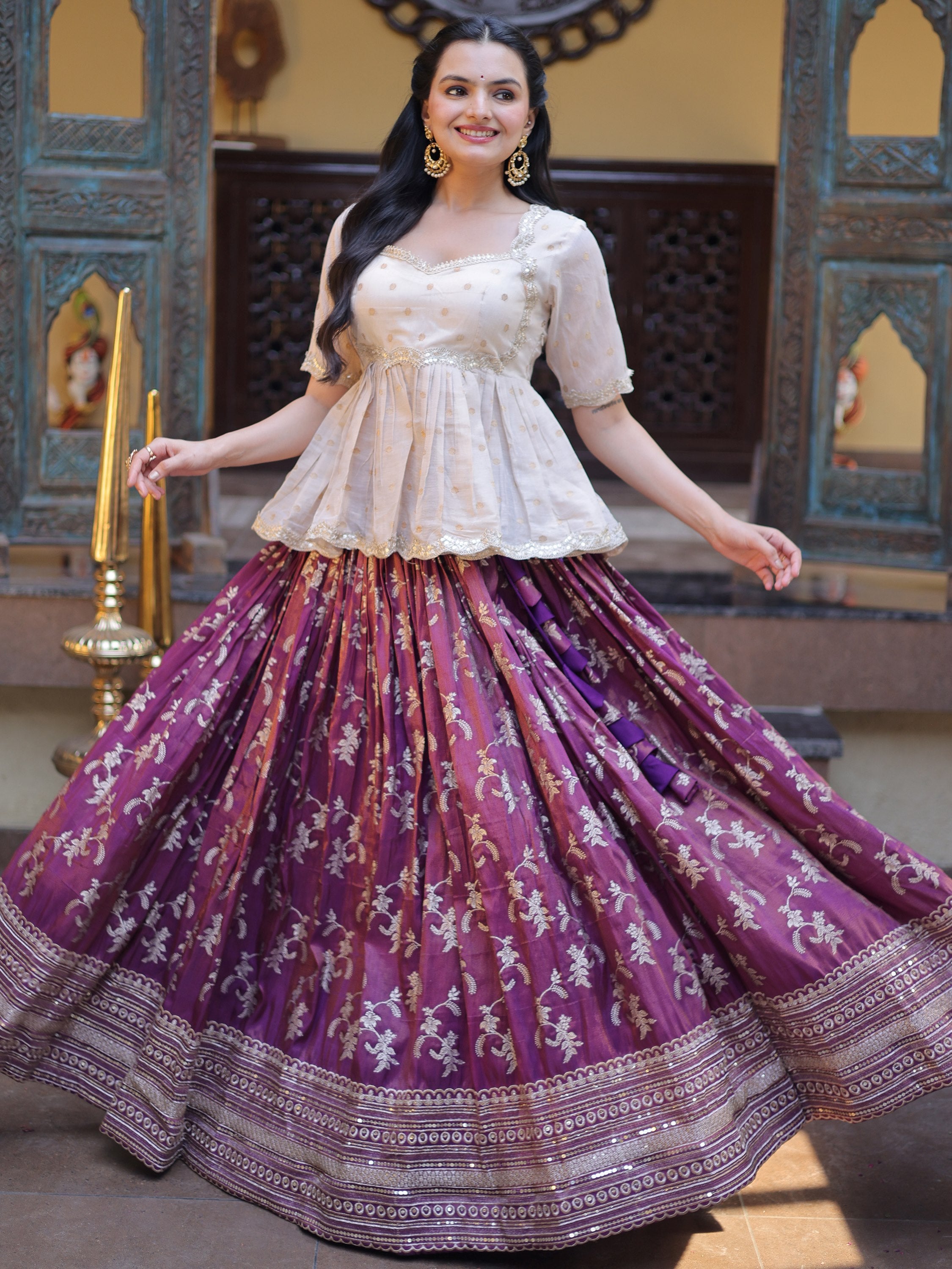 Majestic Purple Sequins Silk Marriage Wear Lehenga With Peplum Top