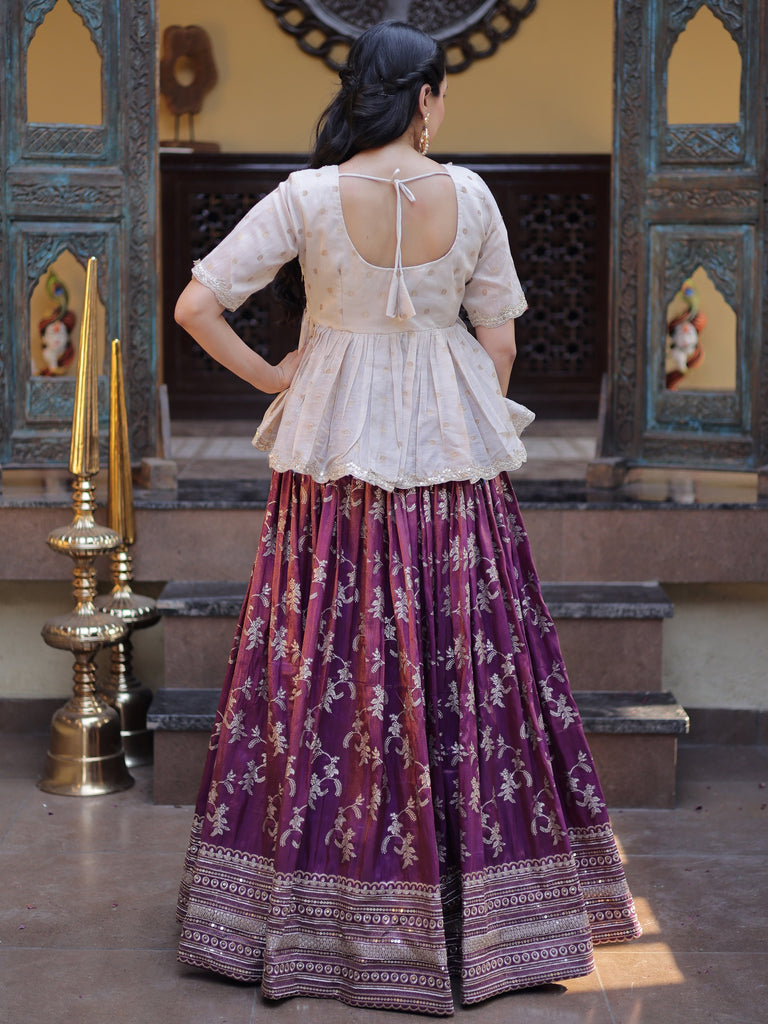 Majestic Purple Sequins Silk Marriage Wear Lehenga With Peplum Top