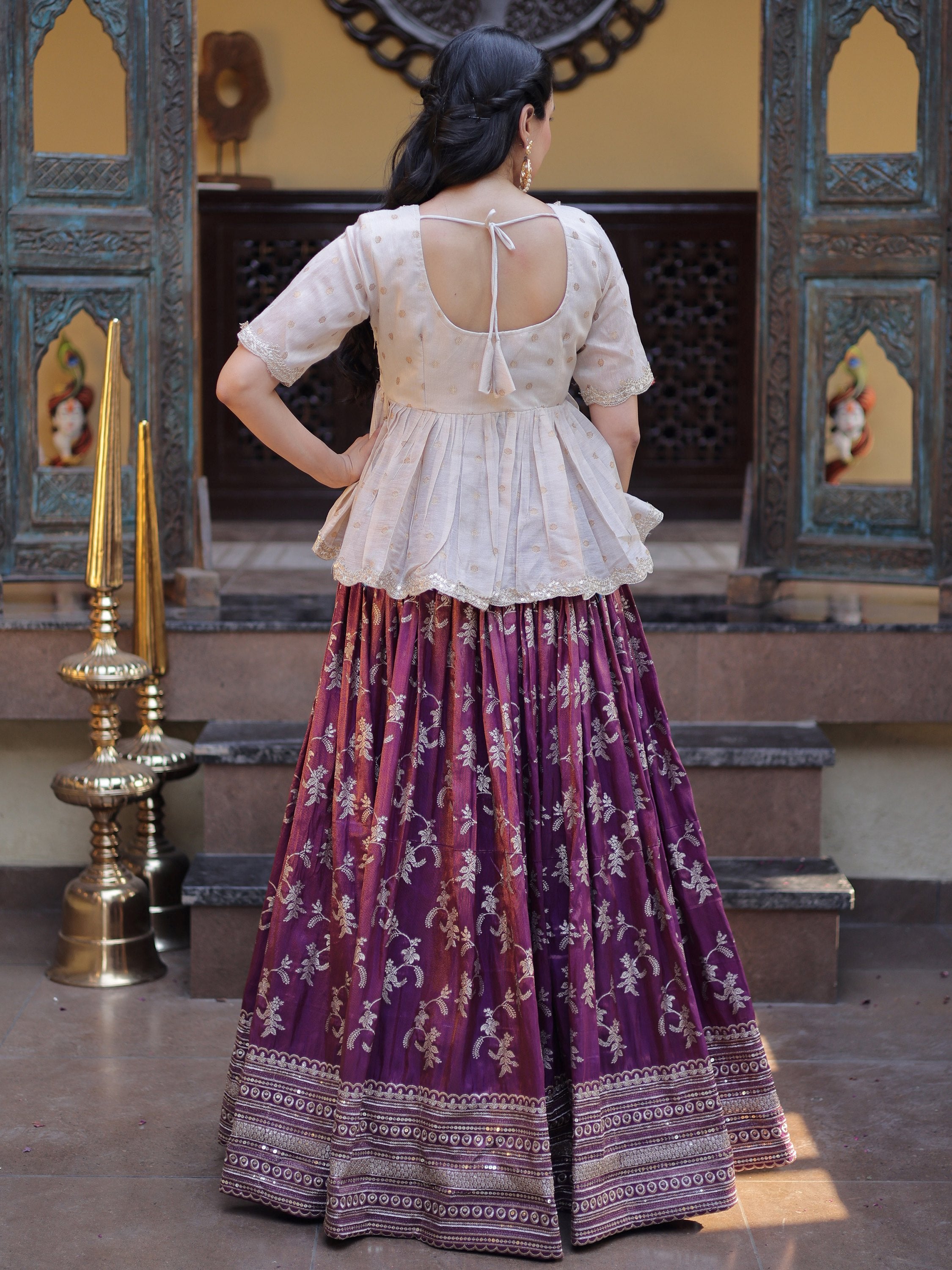 Majestic Purple Sequins Silk Marriage Wear Lehenga With Peplum Top