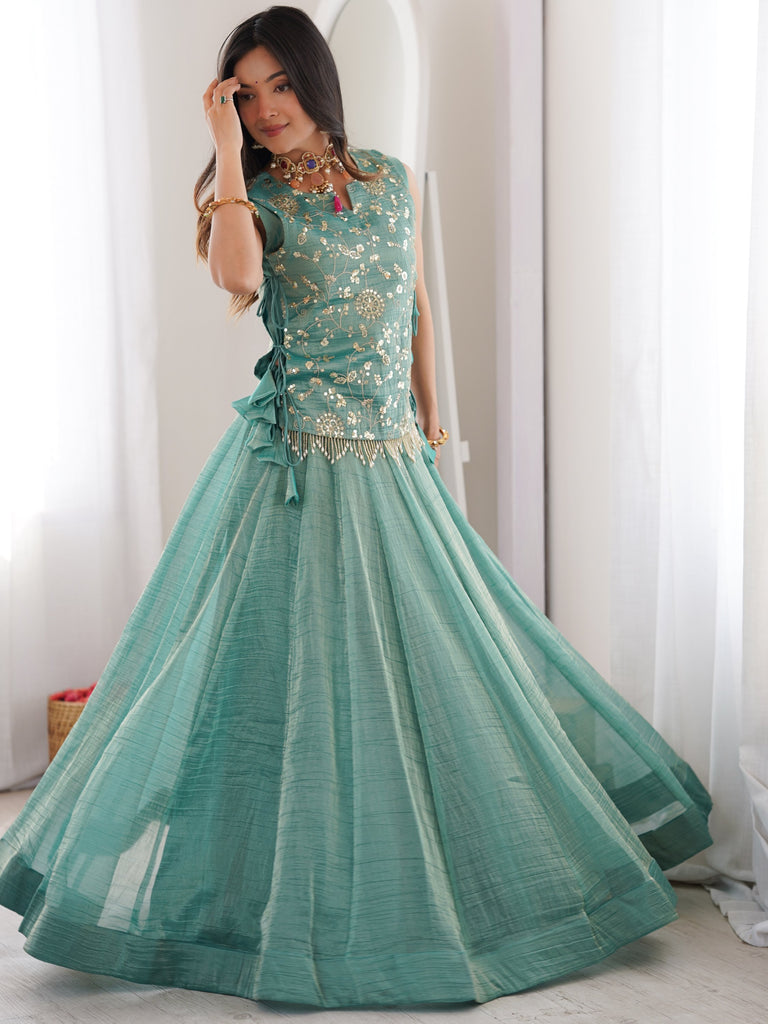 Regal Sky Blue Sequins Crushed Festive Wear Lehenga Choli With Koti