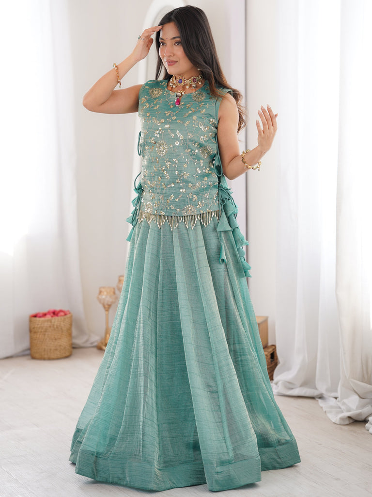 Regal Sky Blue Sequins Crushed Festive Wear Lehenga Choli With Koti