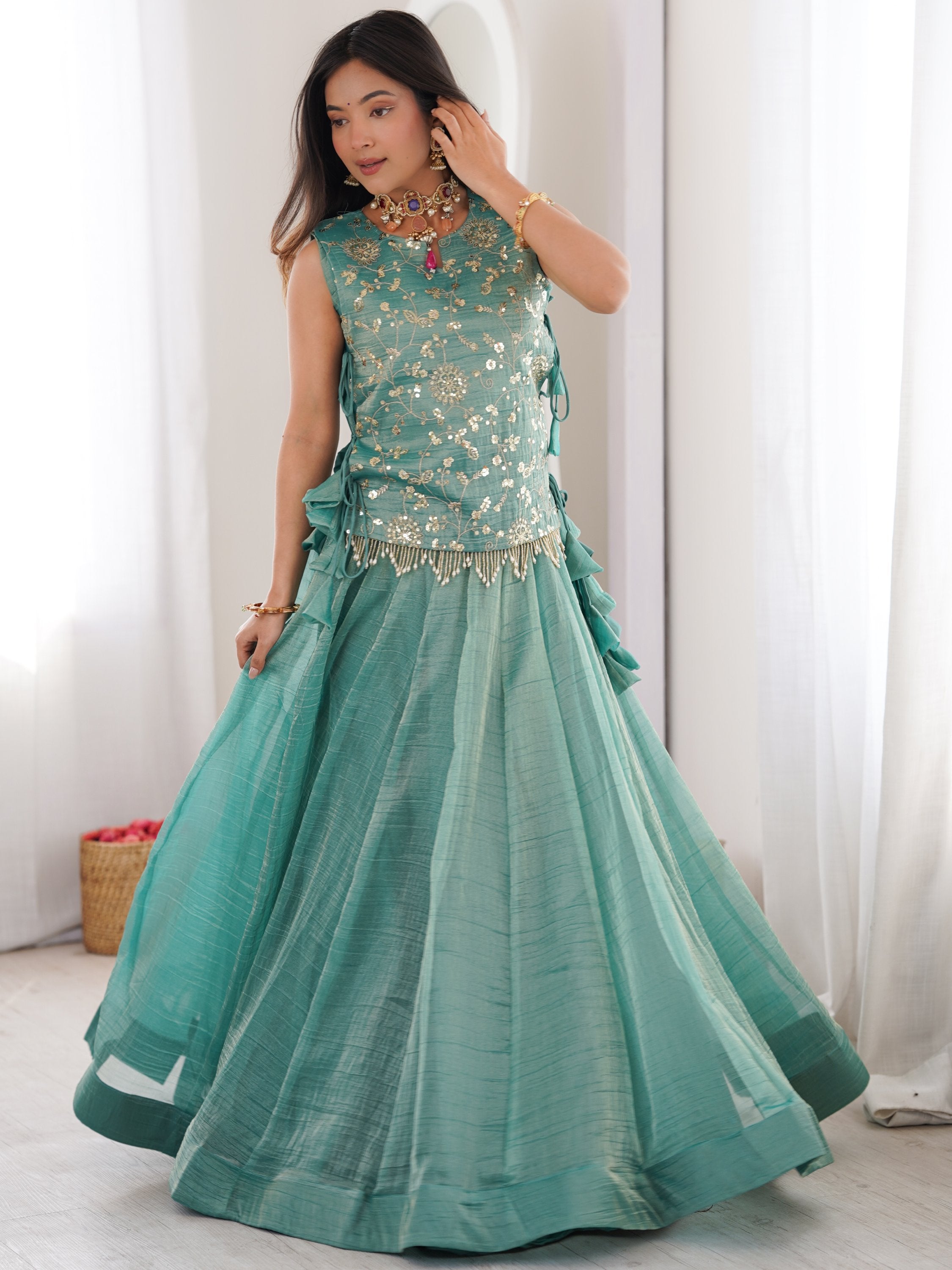 Regal Sky Blue Sequins Crushed Festive Wear Lehenga Choli With Koti