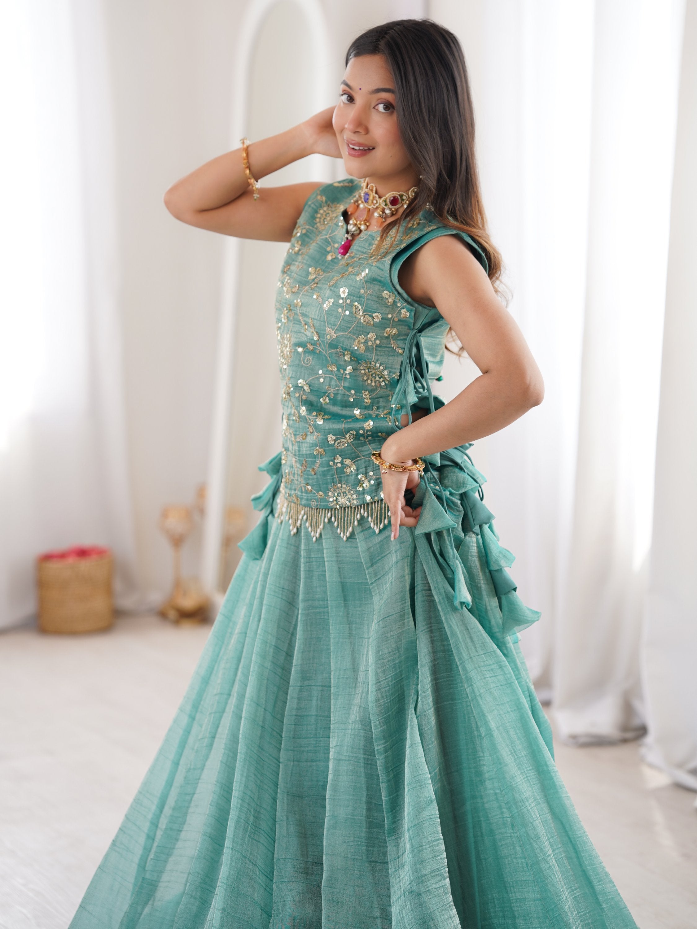 Regal Sky Blue Sequins Crushed Festive Wear Lehenga Choli With Koti