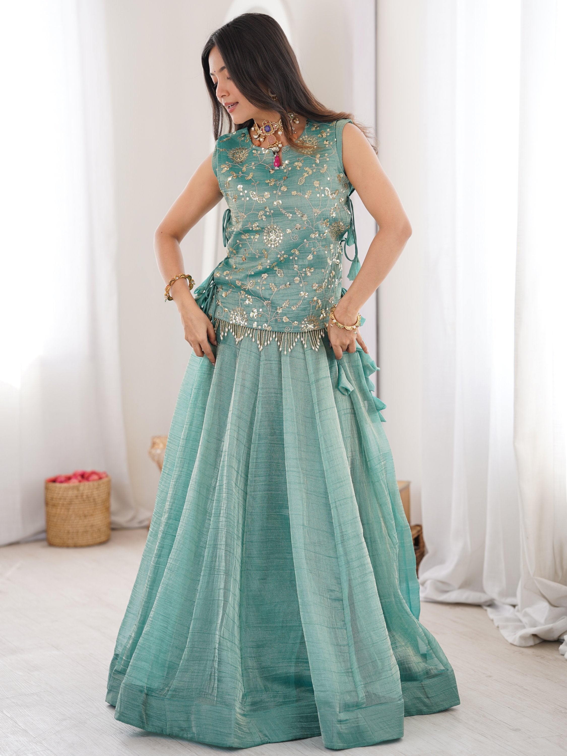 Regal Sky Blue Sequins Crushed Festive Wear Lehenga Choli With Koti