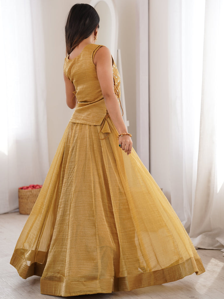 Ravishing Yellow Zari Work Crushed Event Wear Lehenga Choli With Koti