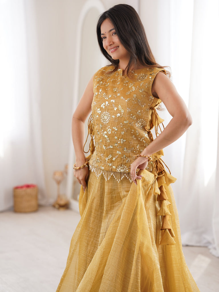 Ravishing Yellow Zari Work Crushed Event Wear Lehenga Choli With Koti
