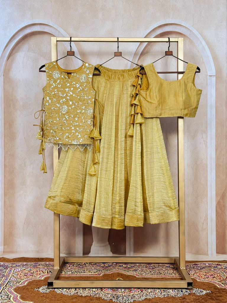 Ravishing Yellow Zari Work Crushed Event Wear Lehenga Choli With Koti