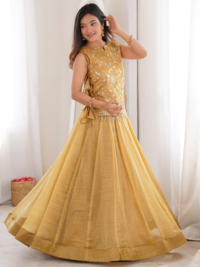 Ravishing Yellow Zari Work Crushed Event Wear Lehenga Choli With Koti