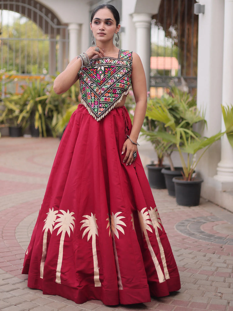 Exclusive Maroon Silk Navratri Wear Lehenga With Gamthi Work Choli