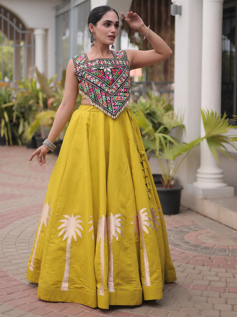 Regal Parrot Green Silk Navratri Wear Lehenga With Kutchi Work Choli