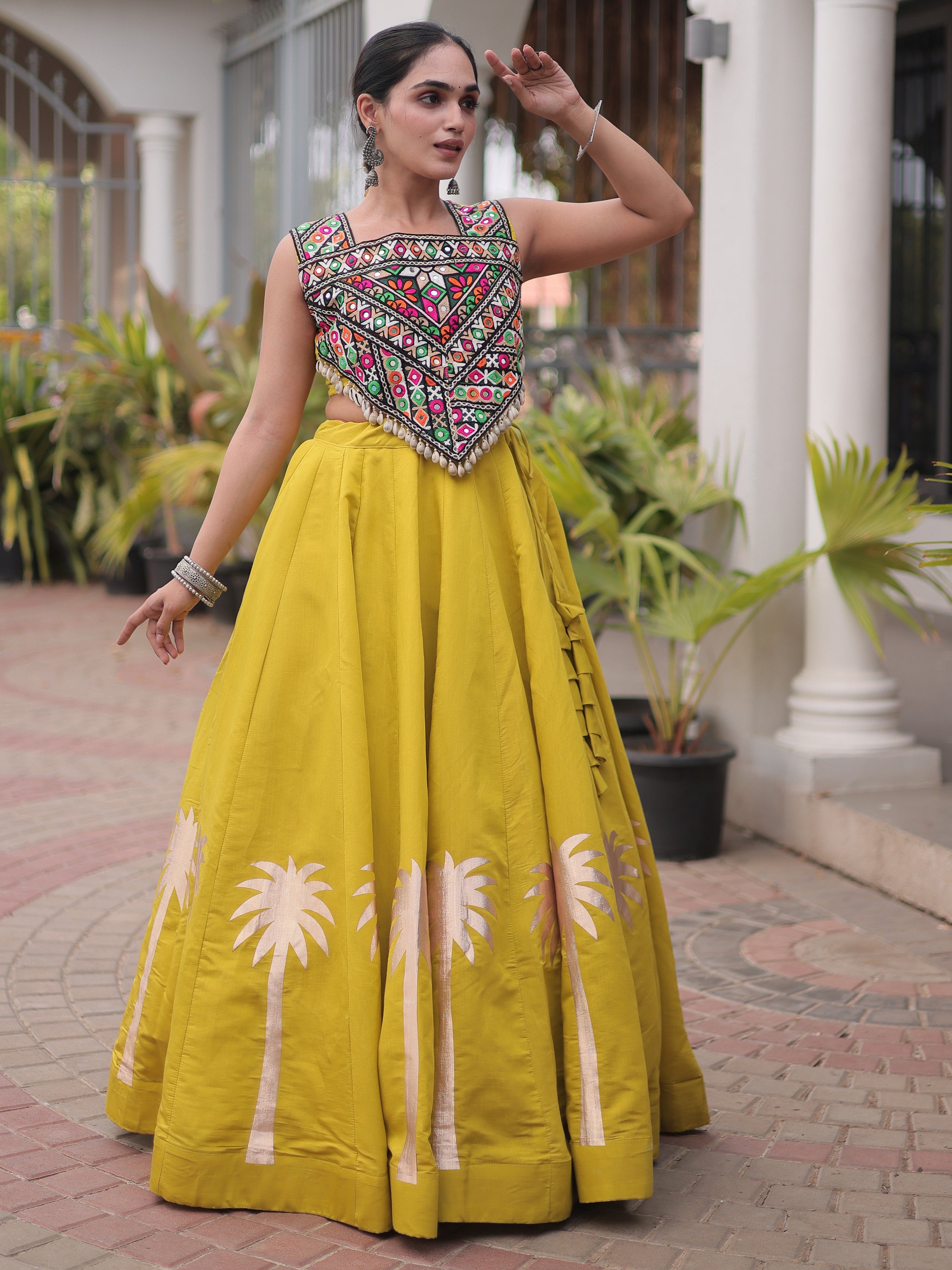 Regal Parrot Green Silk Navratri Wear Lehenga With Kutchi Work Choli