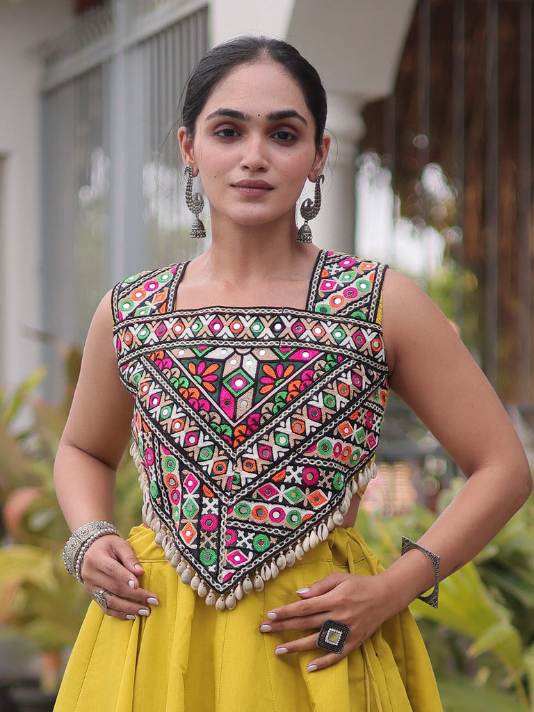 Regal Parrot Green Silk Navratri Wear Lehenga With Kutchi Work Choli