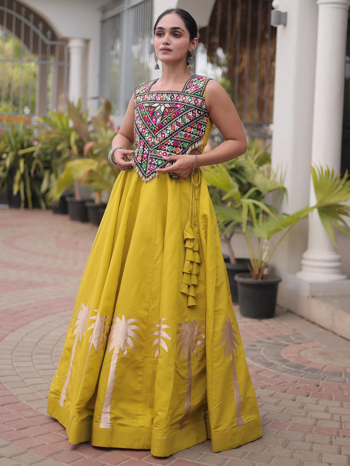 Regal Parrot Green Silk Navratri Wear Lehenga With Kutchi Work Choli