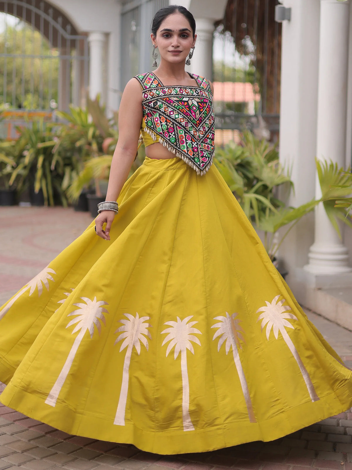 Regal Parrot Green Silk Navratri Wear Lehenga With Kutchi Work Choli