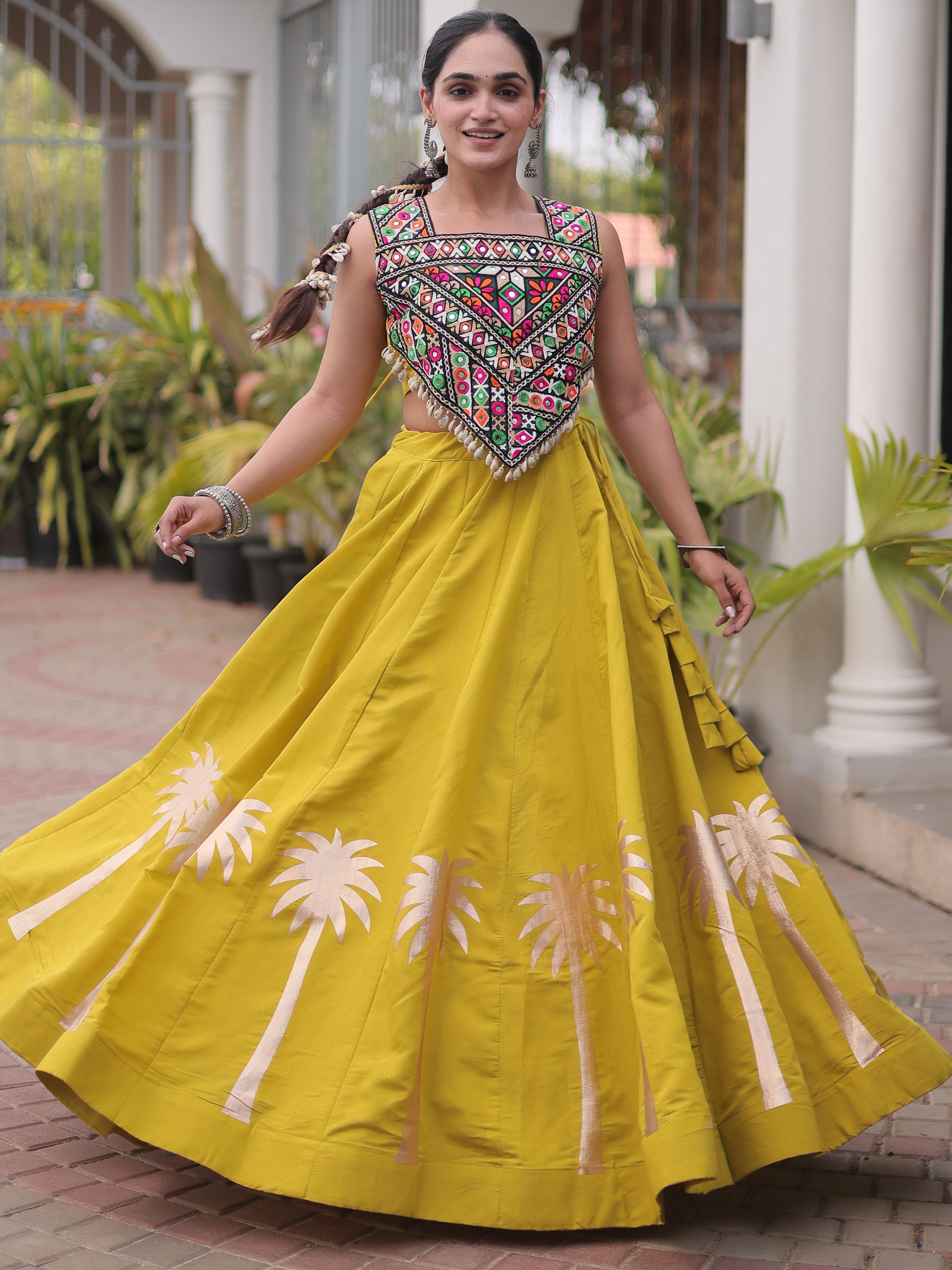Regal Parrot Green Silk Navratri Wear Lehenga With Kutchi Work Choli