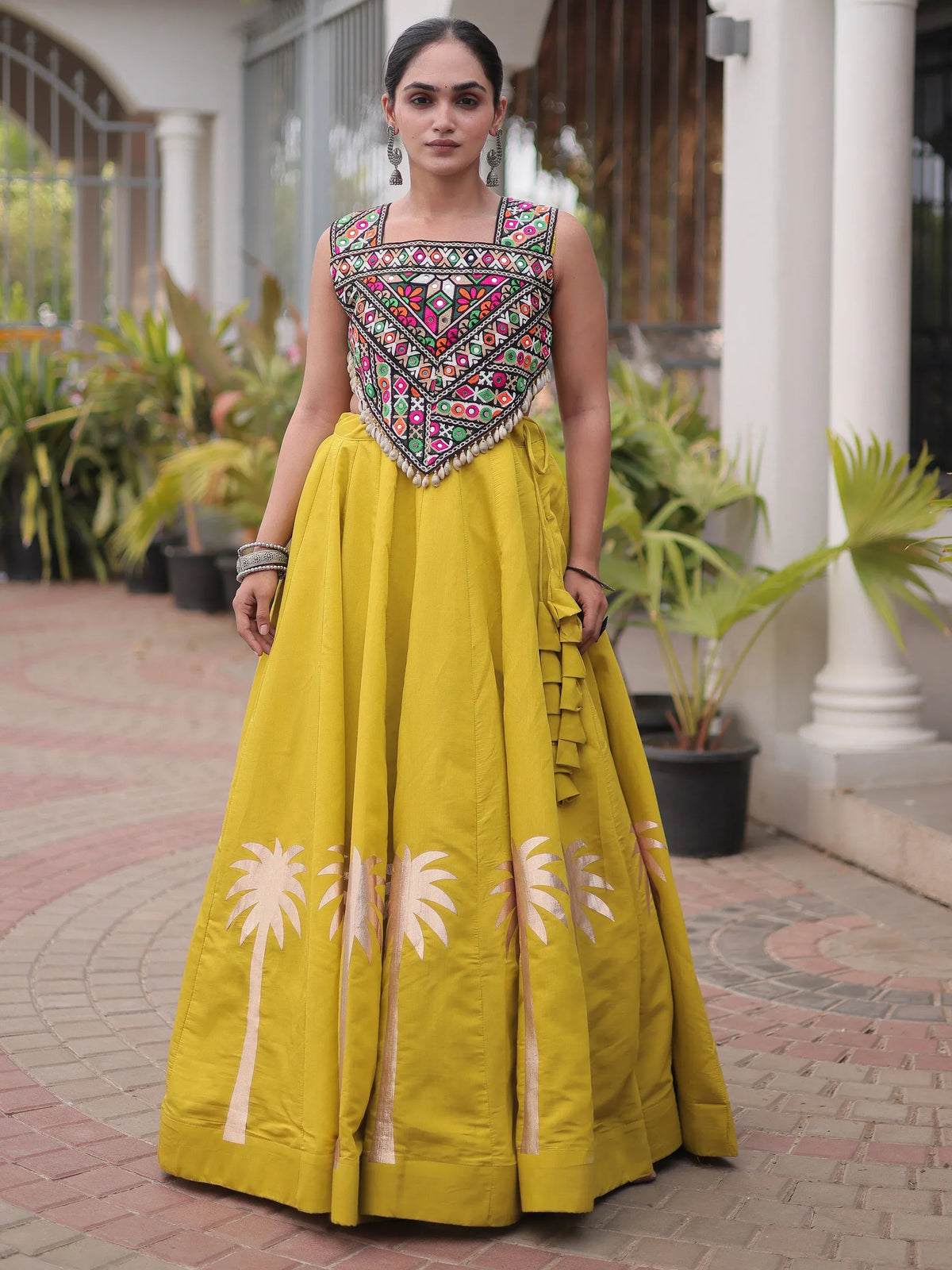 Regal Parrot Green Silk Navratri Wear Lehenga With Kutchi Work Choli