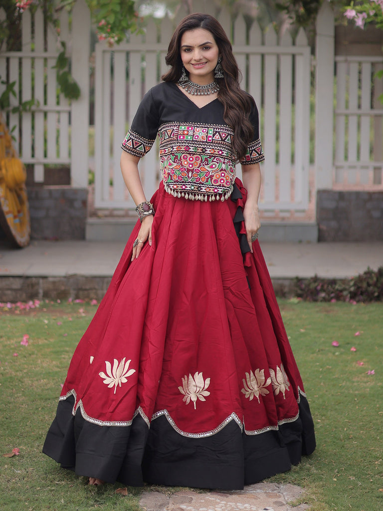 Stupendous Maroon Silk Navratri Special Lehenga With Kutchi Work Choli