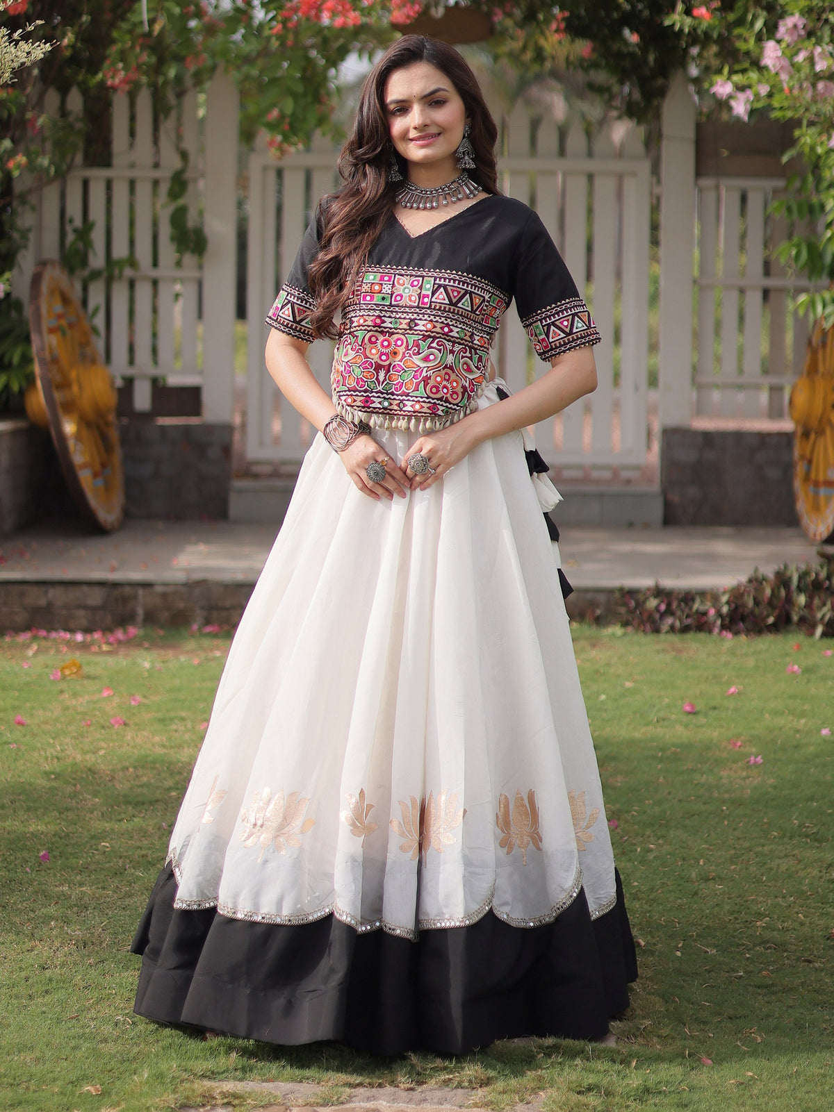 Awesome White Silk Navratri Wear Lehenga With Gamthi Work Blouse