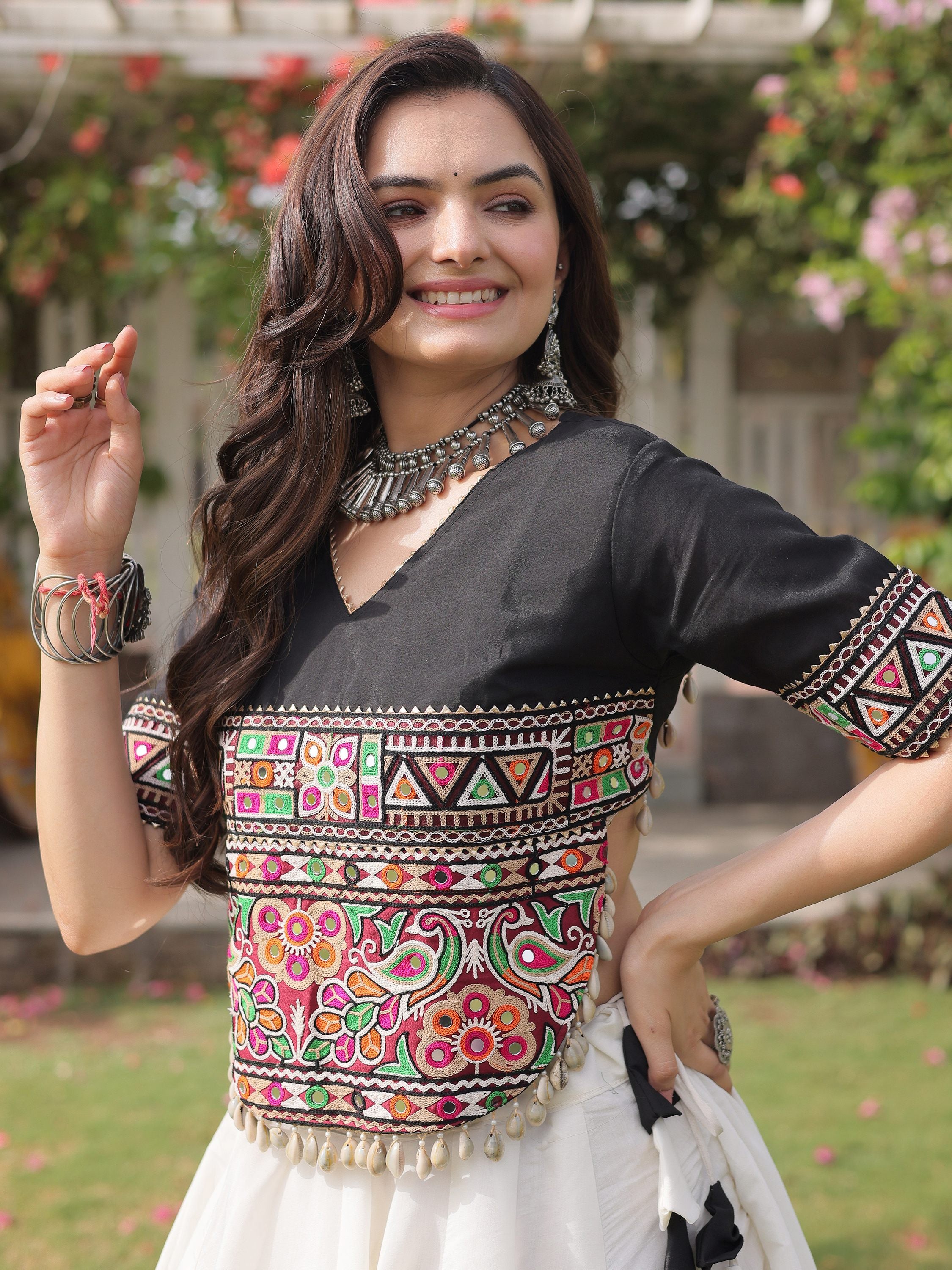 Awesome White Silk Navratri Wear Lehenga With Gamthi Work Blouse