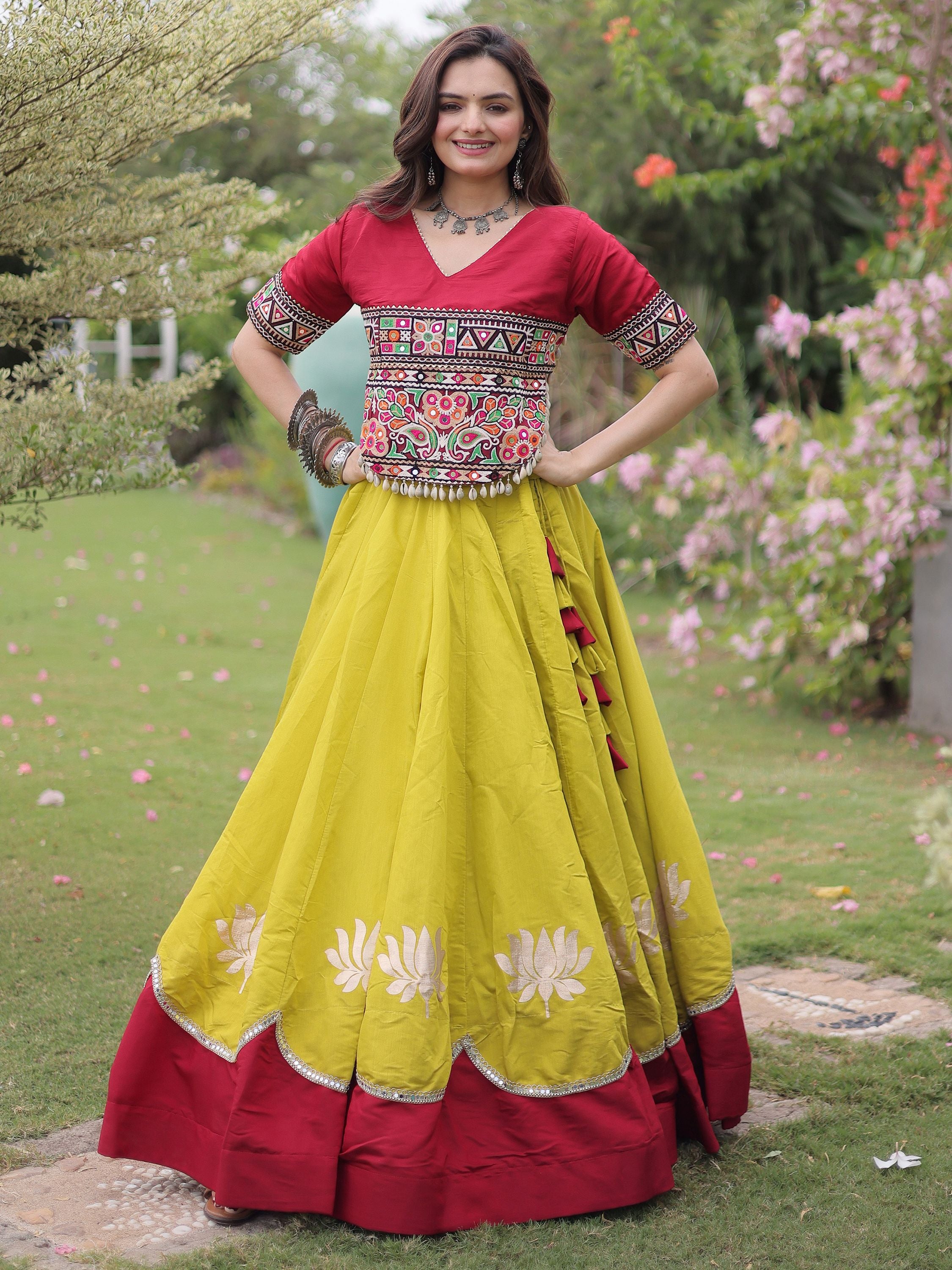 Spectacular Yellow Silk Navratri Wear Lehenga With Embroidered Blouse