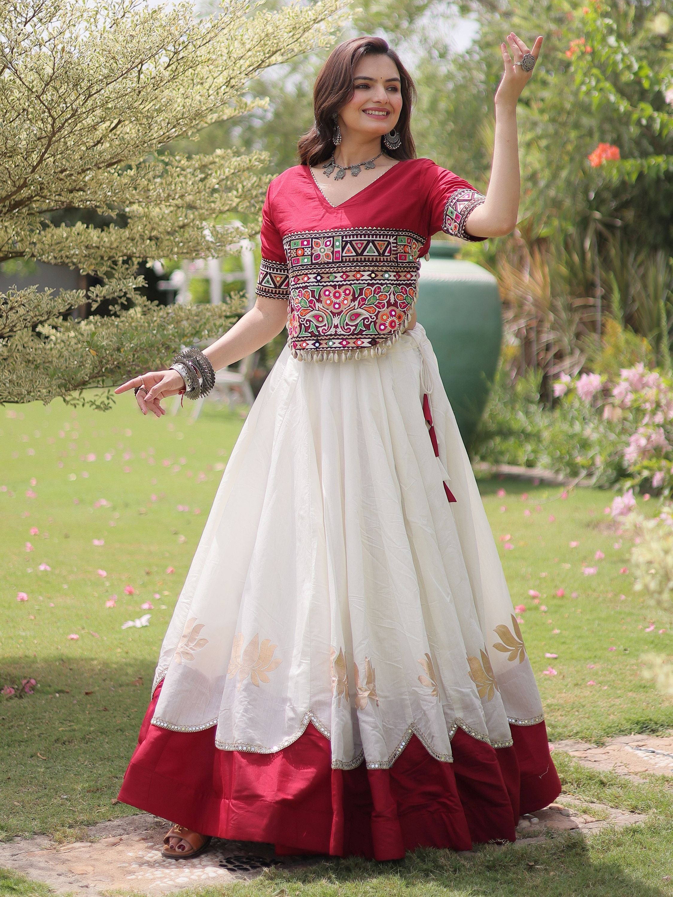 Astonishing White Mirror Laced Silk Navratri Special Lehenga Choli