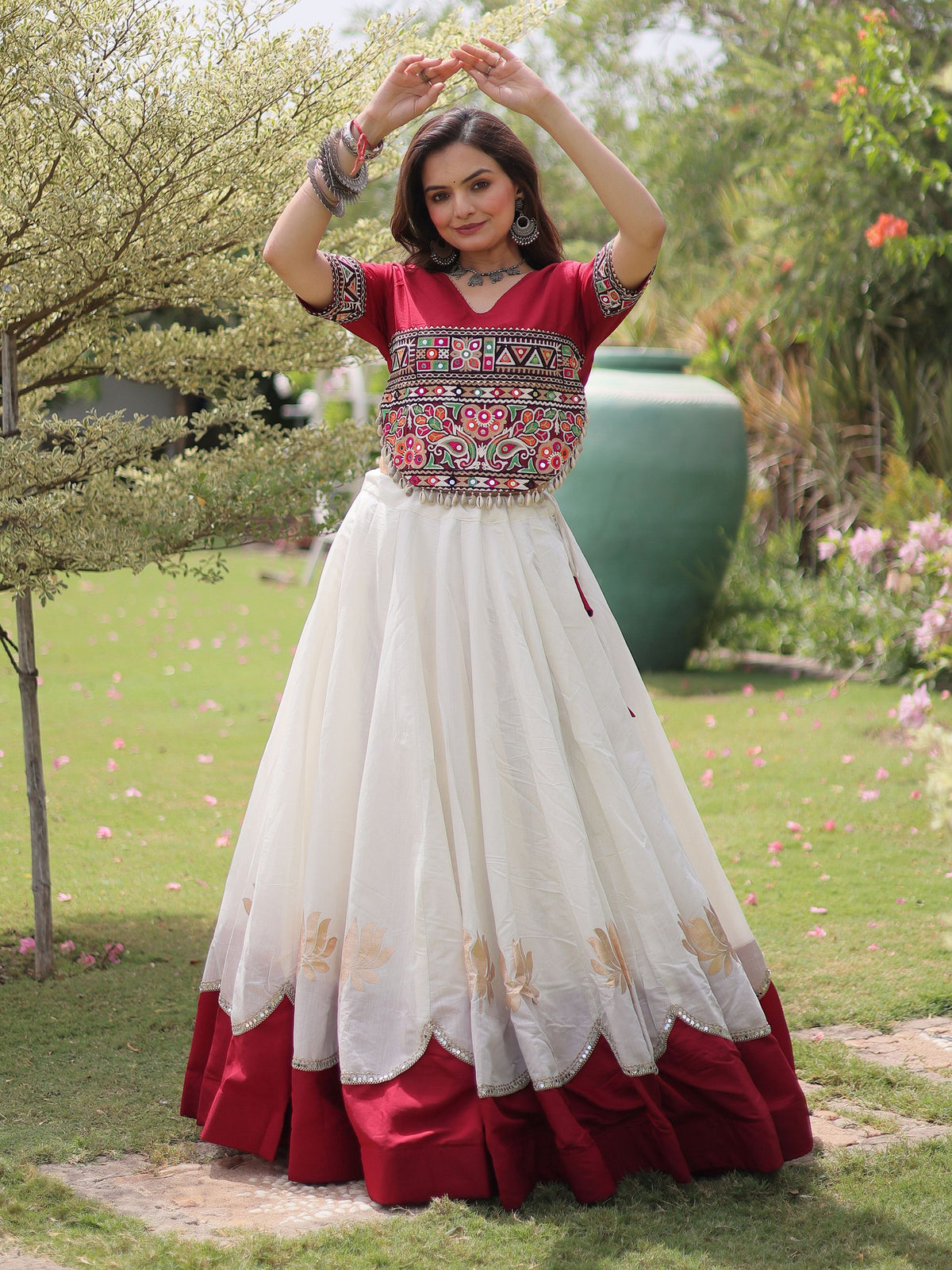 Astonishing White Mirror Laced Silk Navratri Special Lehenga Choli