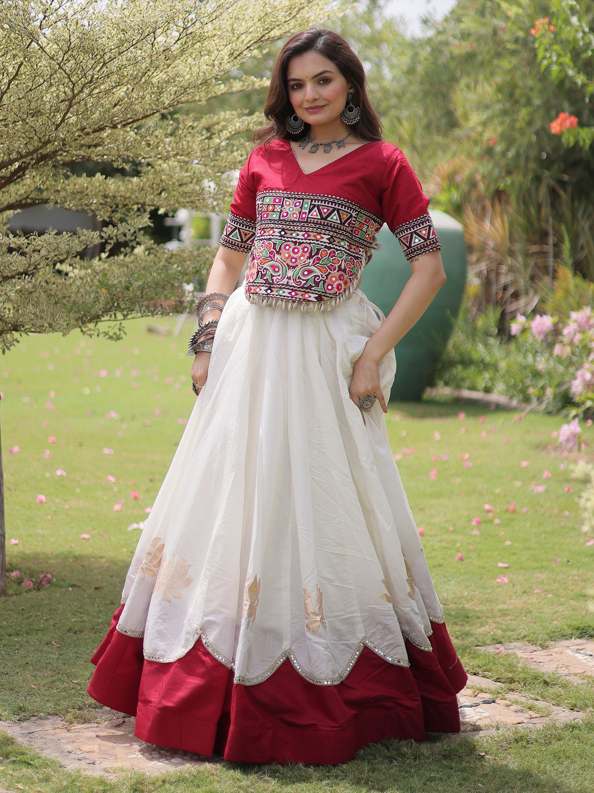 Astonishing White Mirror Laced Silk Navratri Special Lehenga Choli