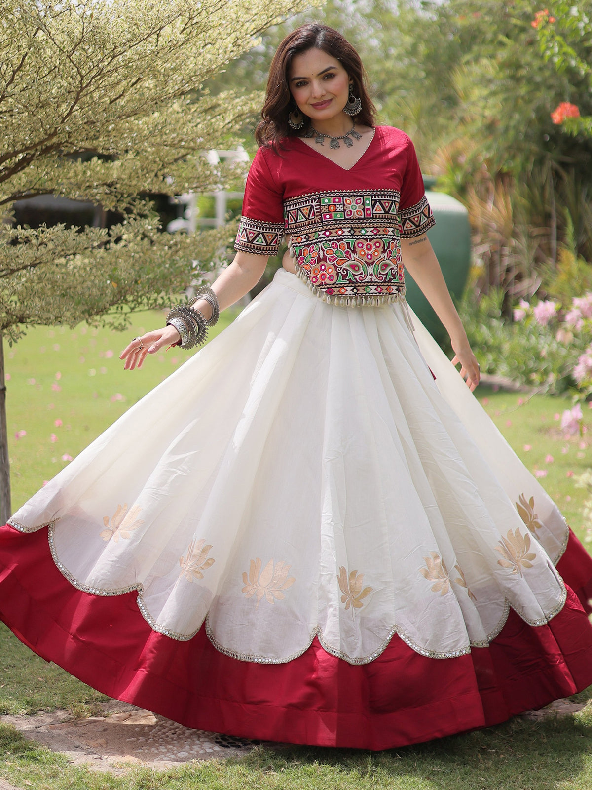 Astonishing White Mirror Laced Silk Navratri Special Lehenga Choli