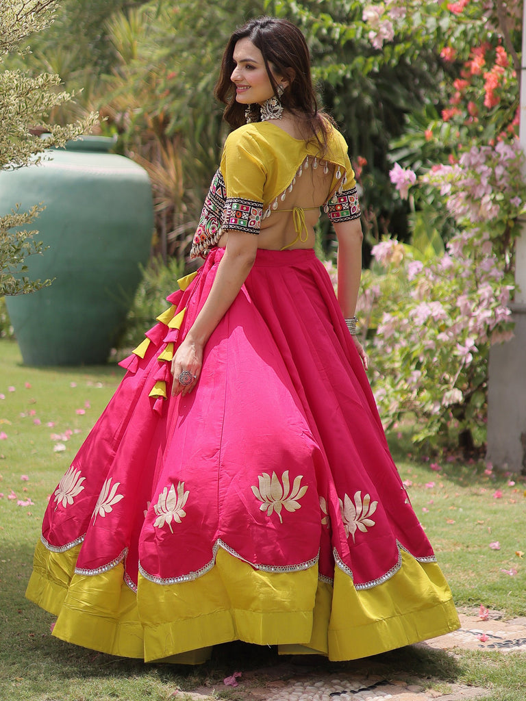 Captivating Pink Silk Navratri Wear Lehenga With Mirror Work Blouse