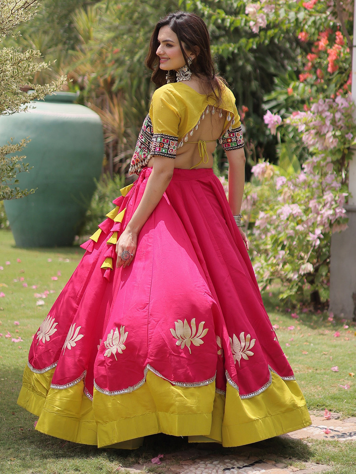 Captivating Pink Silk Navratri Wear Lehenga With Mirror Work Blouse