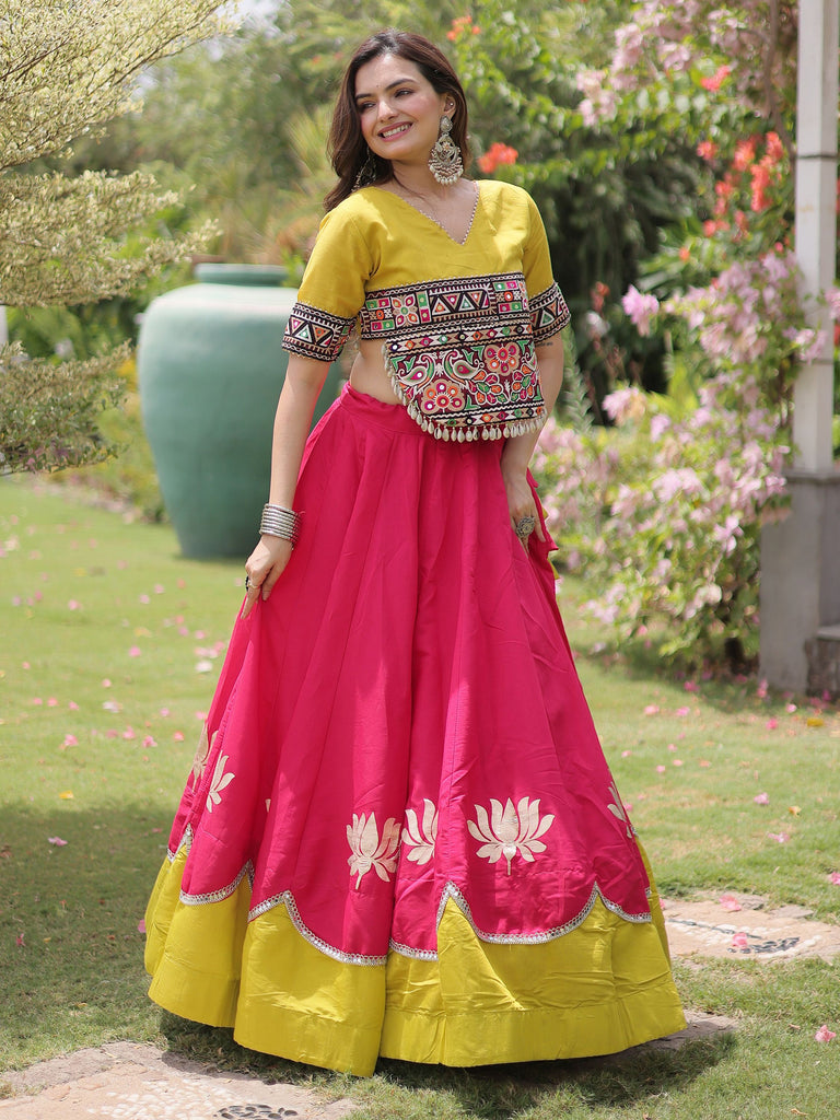 Captivating Pink Silk Navratri Wear Lehenga With Mirror Work Blouse