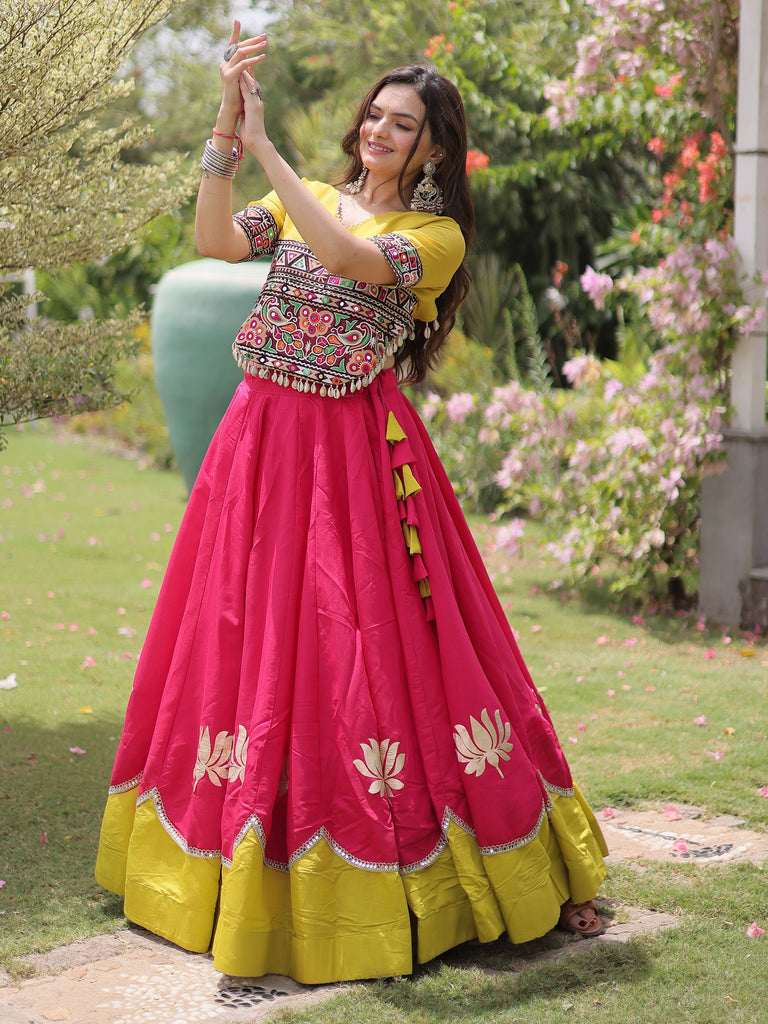 Captivating Pink Silk Navratri Wear Lehenga With Mirror Work Blouse
