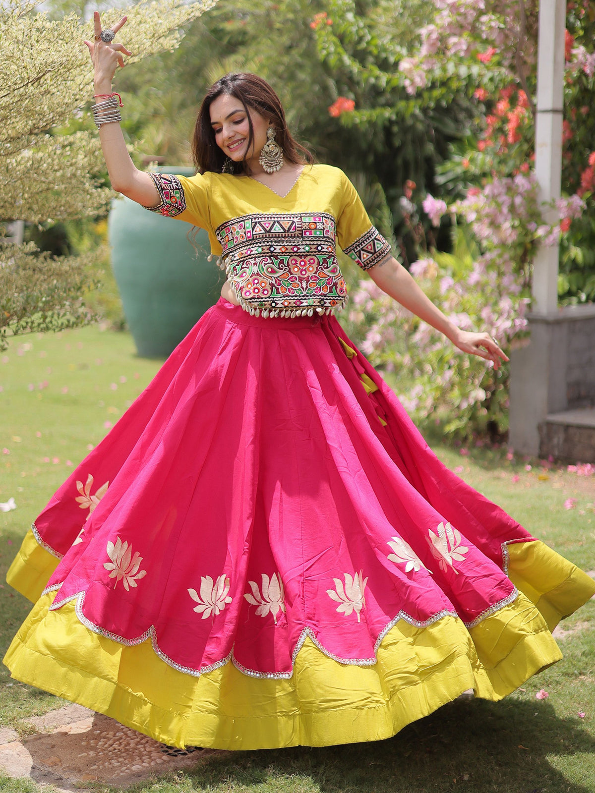Captivating Pink Silk Navratri Wear Lehenga With Mirror Work Blouse
