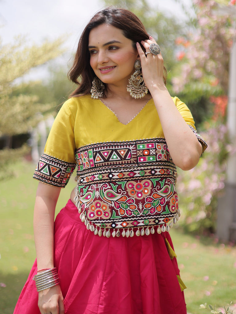 Captivating Pink Silk Navratri Wear Lehenga With Mirror Work Blouse