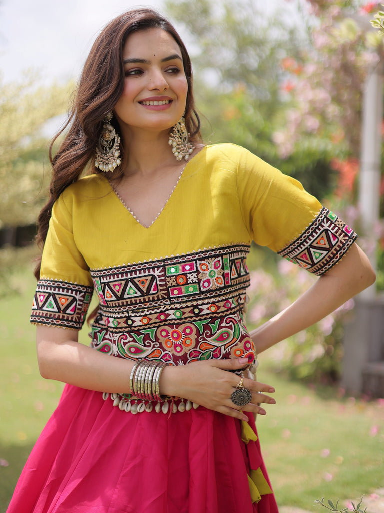 Captivating Pink Silk Navratri Wear Lehenga With Mirror Work Blouse