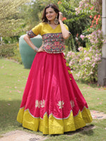 Captivating Pink Silk Navratri Wear Lehenga With Mirror Work Blouse