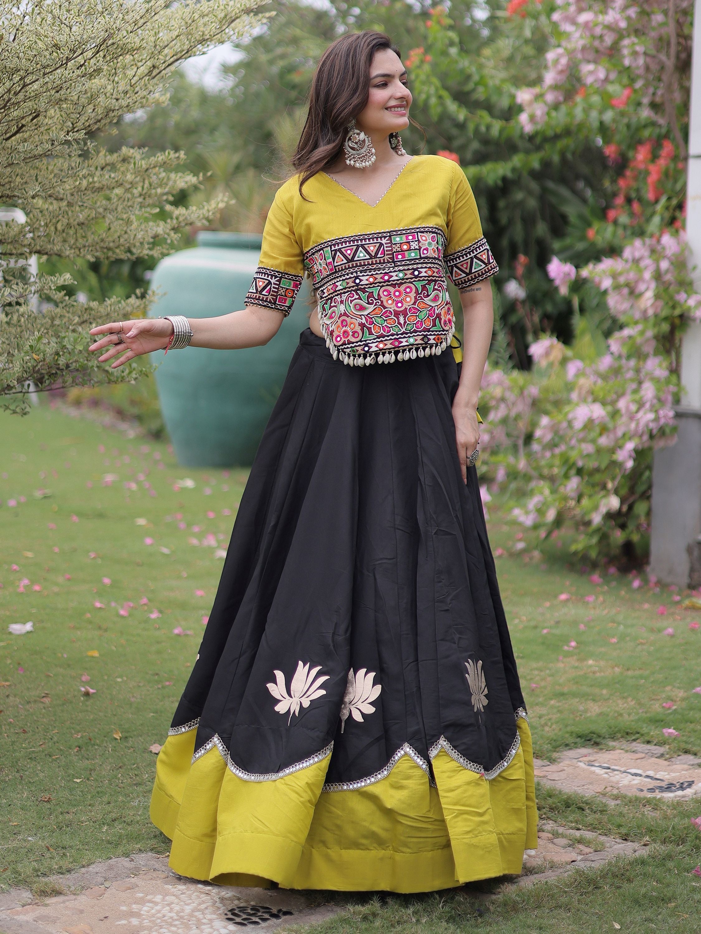 Stylish Black Silk Navratri Wear Lehenga With Kutchi Work Blouse