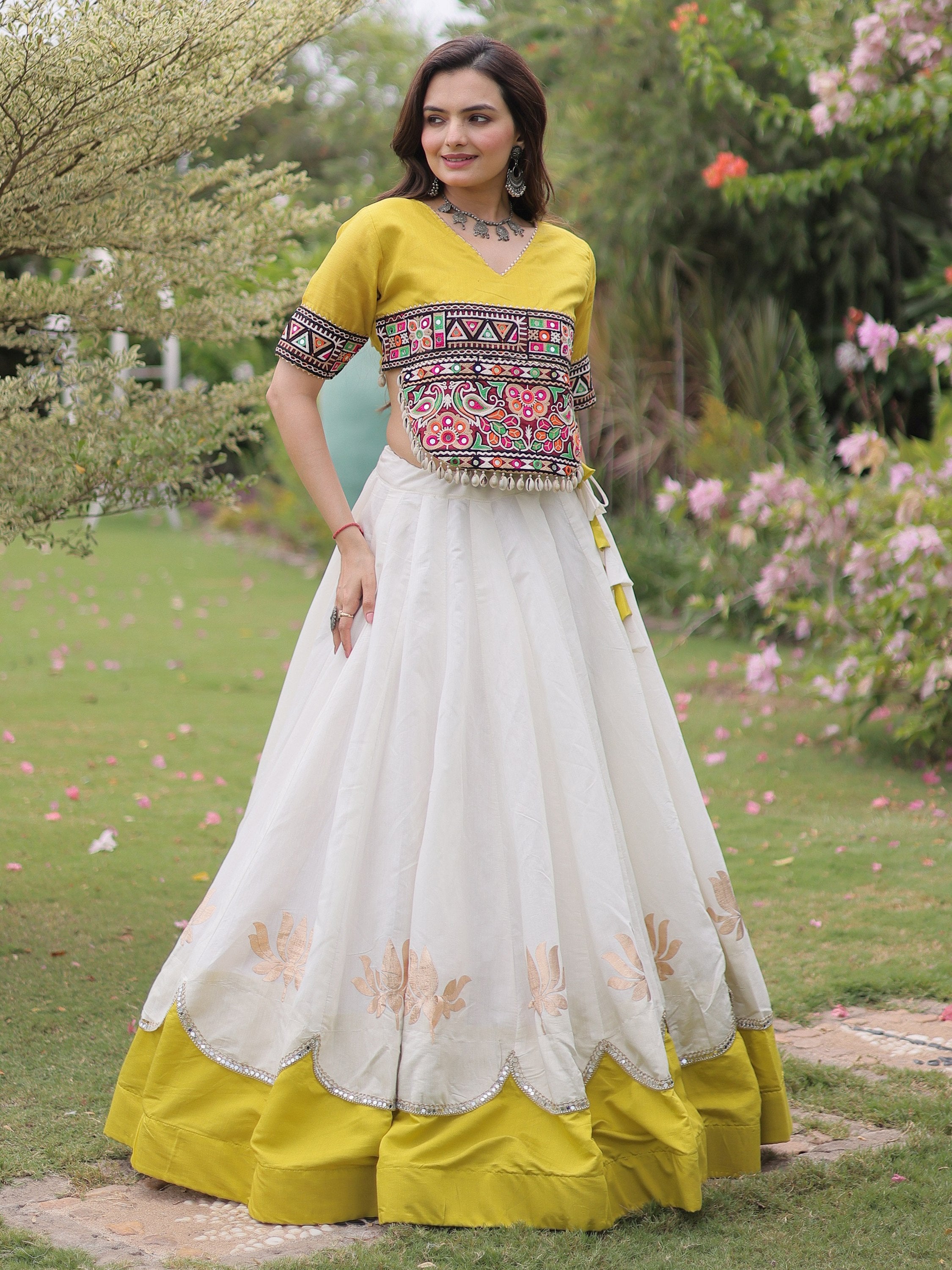 Breathtaking White Gota Work Silk Navratri Special Lehenga Choli