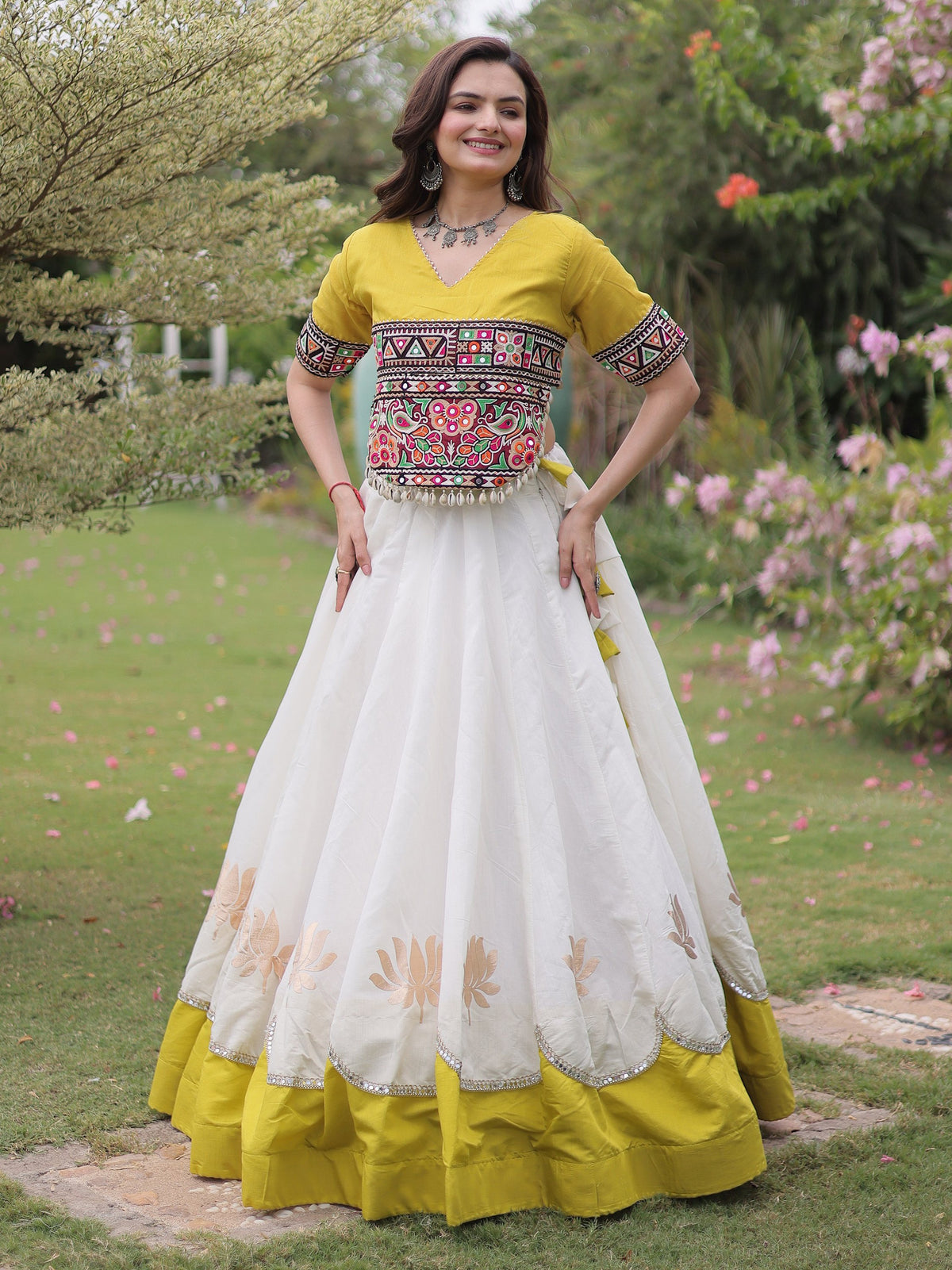 Breathtaking White Gota Work Silk Navratri Special Lehenga Choli