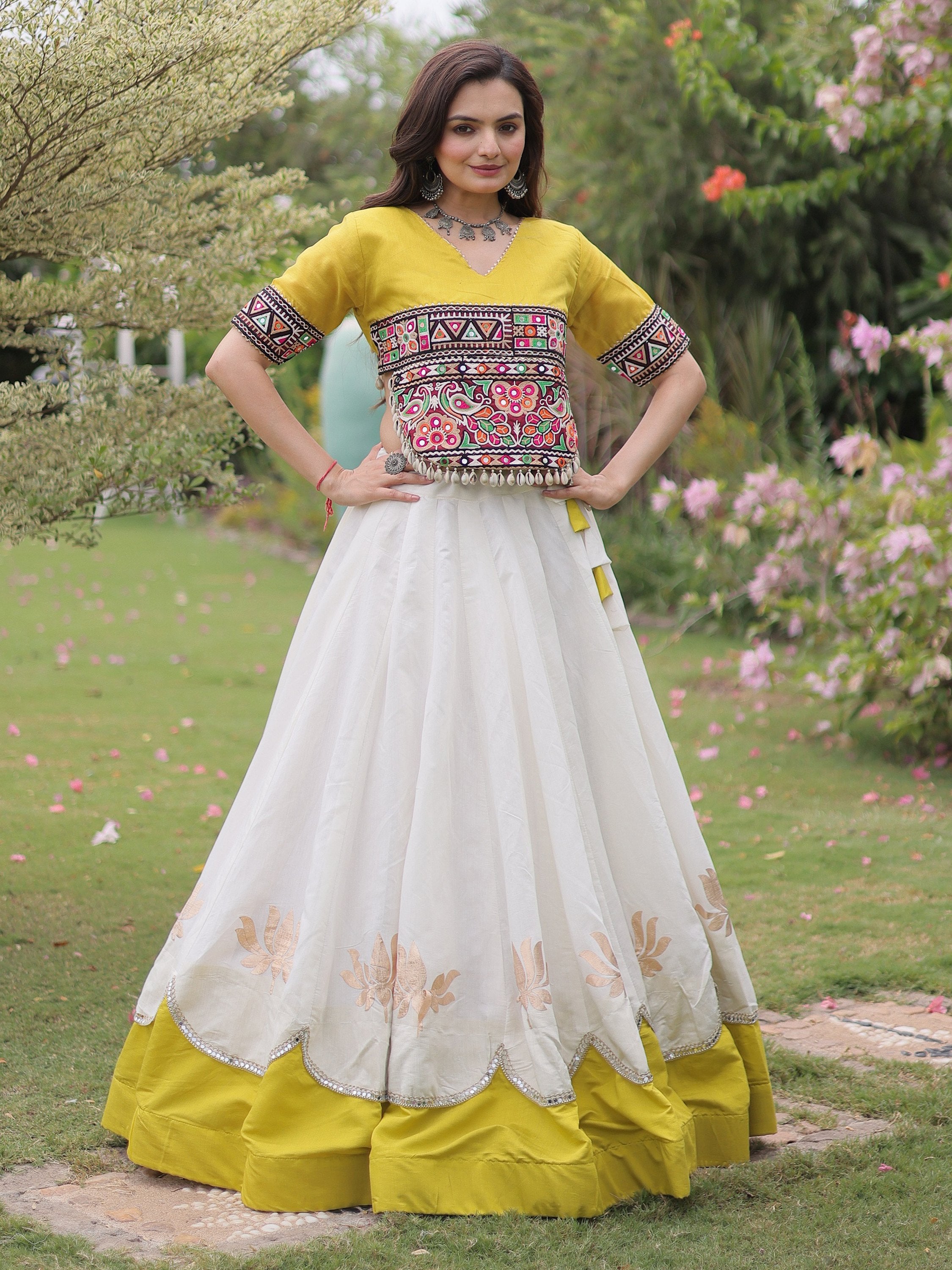 Breathtaking White Gota Work Silk Navratri Special Lehenga Choli