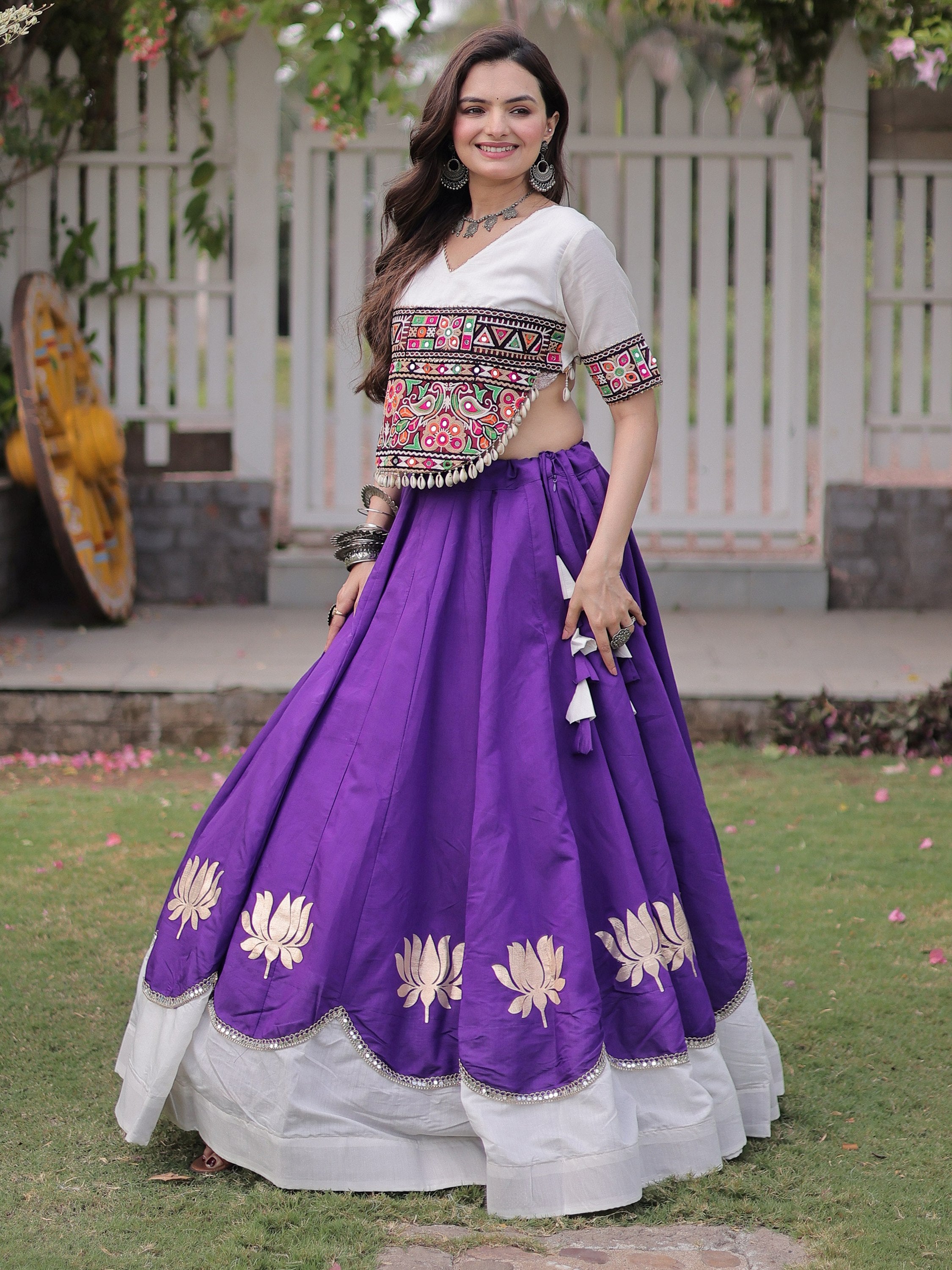 Dazzling Purple Gamthi Work Silk Navratri Special Lehenga Choli