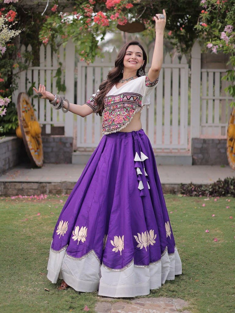 Dazzling Purple Gamthi Work Silk Navratri Special Lehenga Choli