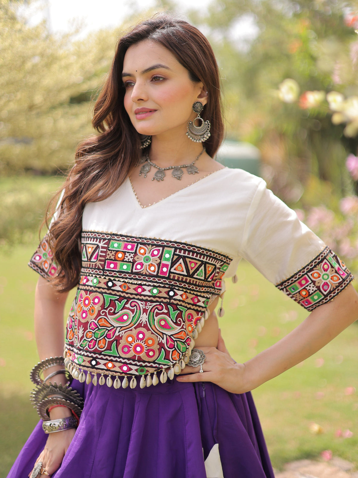 Dazzling Purple Gamthi Work Silk Navratri Special Lehenga Choli